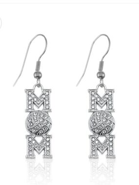 Silver MOM Volleyball Dangle Earrings with Crystal Accents